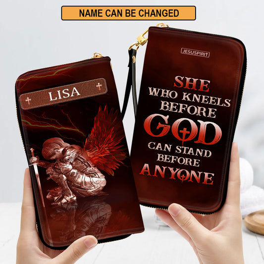 Jesuspirit | Personalized Zippered Leather Christian Clutch Purse | Inspirational Gifts For Religious Women | Who Kneels Before God Can Stand Before Anyone NUM381C