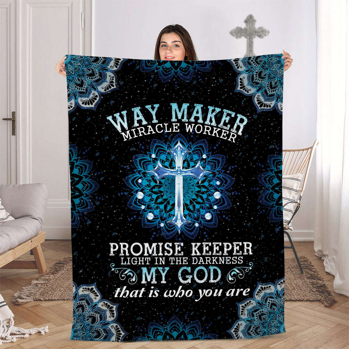 Jesuspirit | Gorgeous Fleece Blanket | Way Maker And Miracle Worker | Cross And Flower FBM638