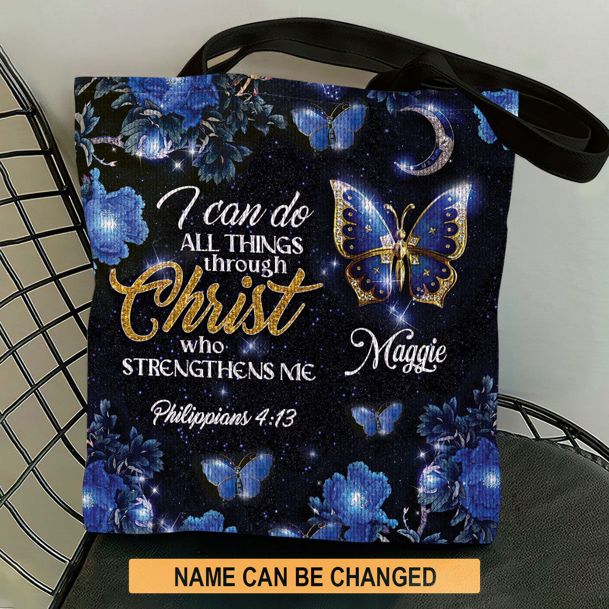 Elegant Personalized Butterfly And Flower Tote Bag - I Can Do All Things Through Christ NM143