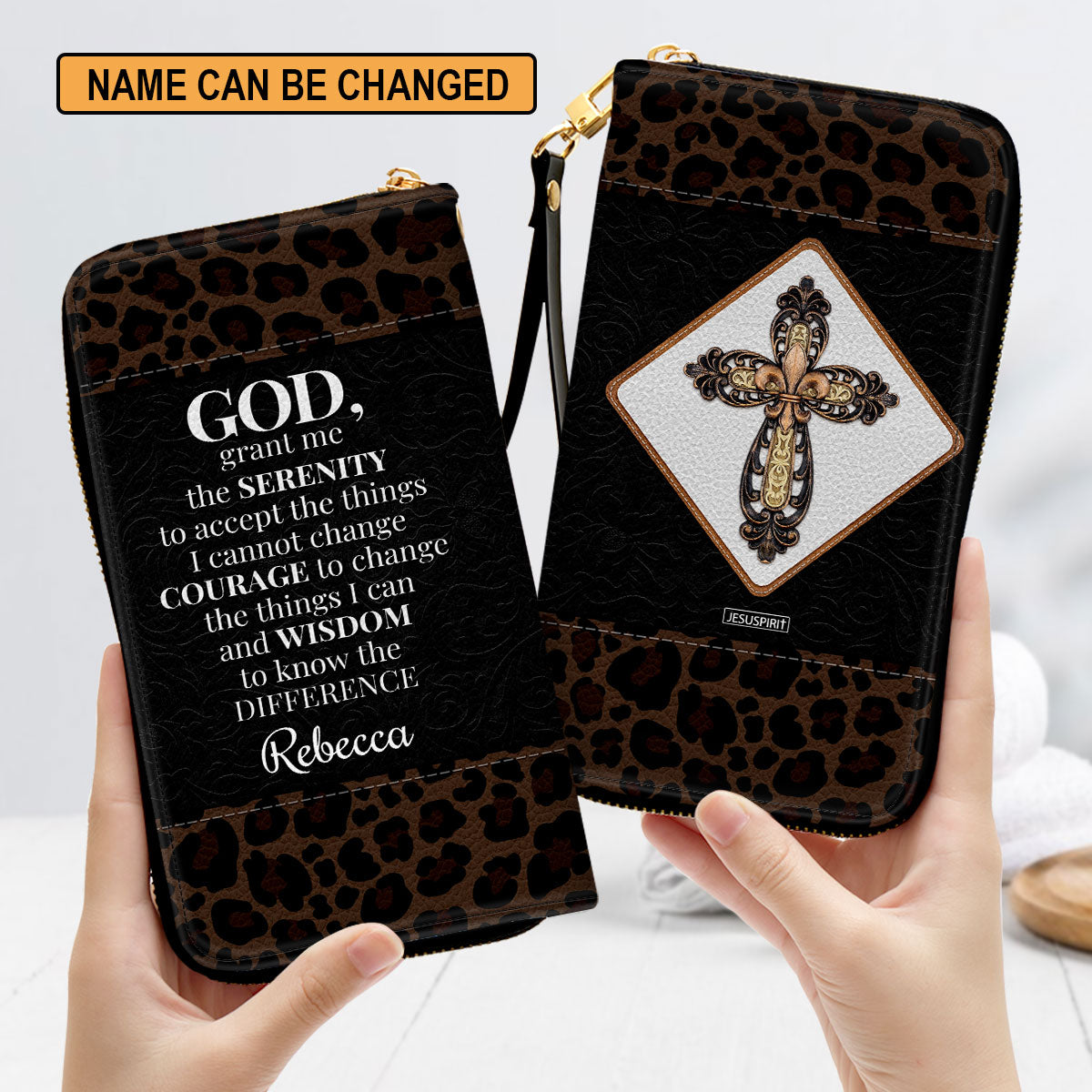 Jesuspirit | Christian Spiritual Gifts For Religious Women | God, Grant Me The Serenity To Accept The Things I Cannot Change | Personalized Cross Zippered Leather Clutch Purse NUH424H