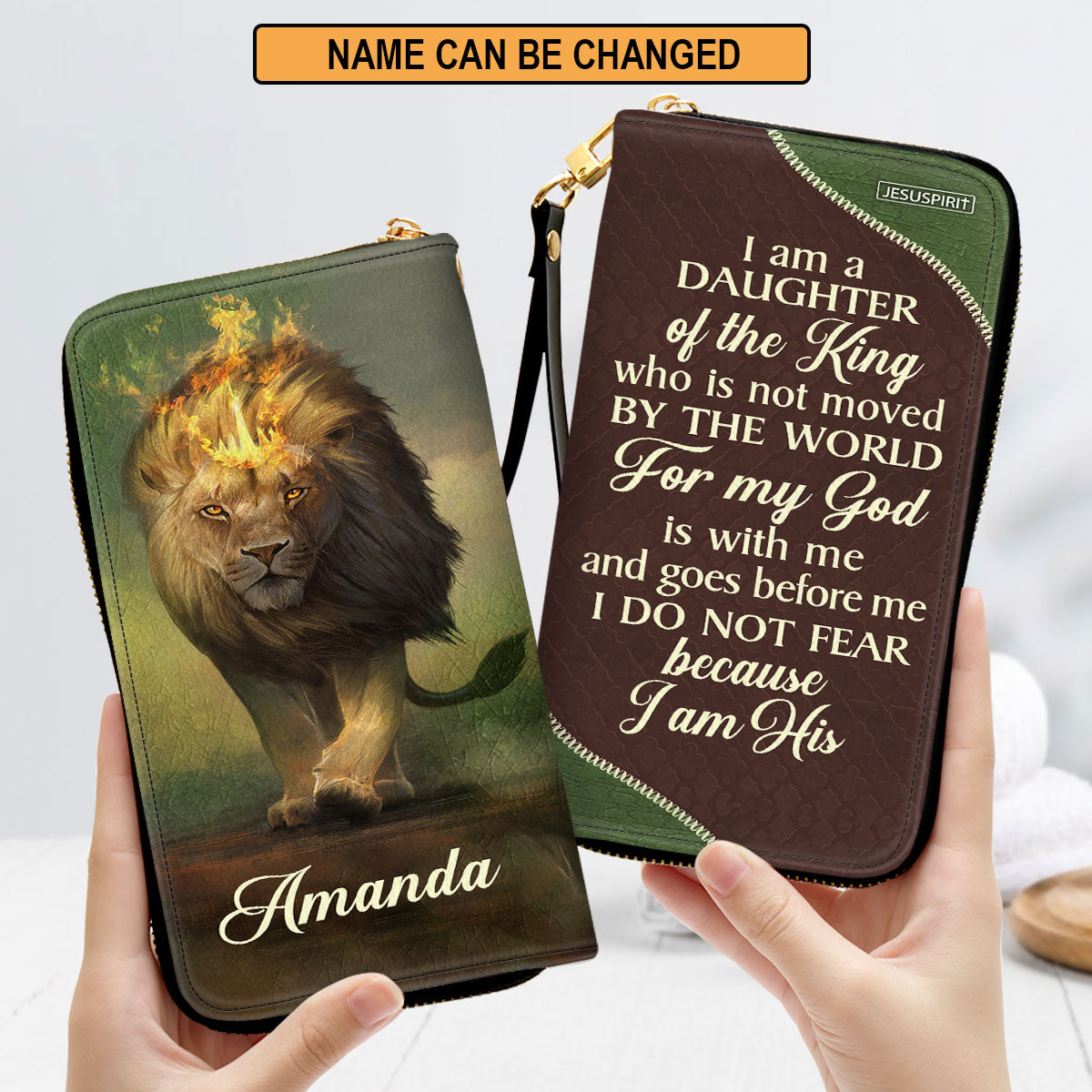 Jesuspirit | Personalized Lion Zippered Leather Clutch Purse | I Am A Daughter Of The King | Inspirational Gifts For Christian Women HIM317C