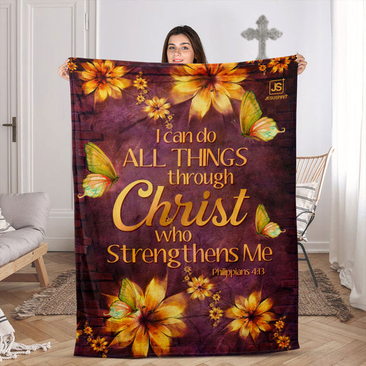 Jesuspirit Fleece Blanket |  I Can Do All Things Through Christ | Philippians 4:13 | Flower And Butterfly FBHN621