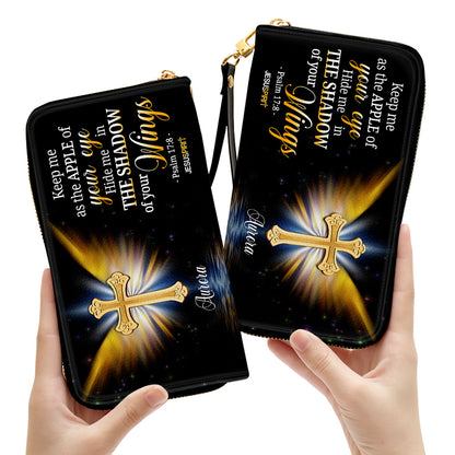 Jesuspirit | Personalized Zippered Leather Clutch Purse With Wristlet Strap Handle | Psalm 17:8 | Scripture Gifts For Christian Women CPH779