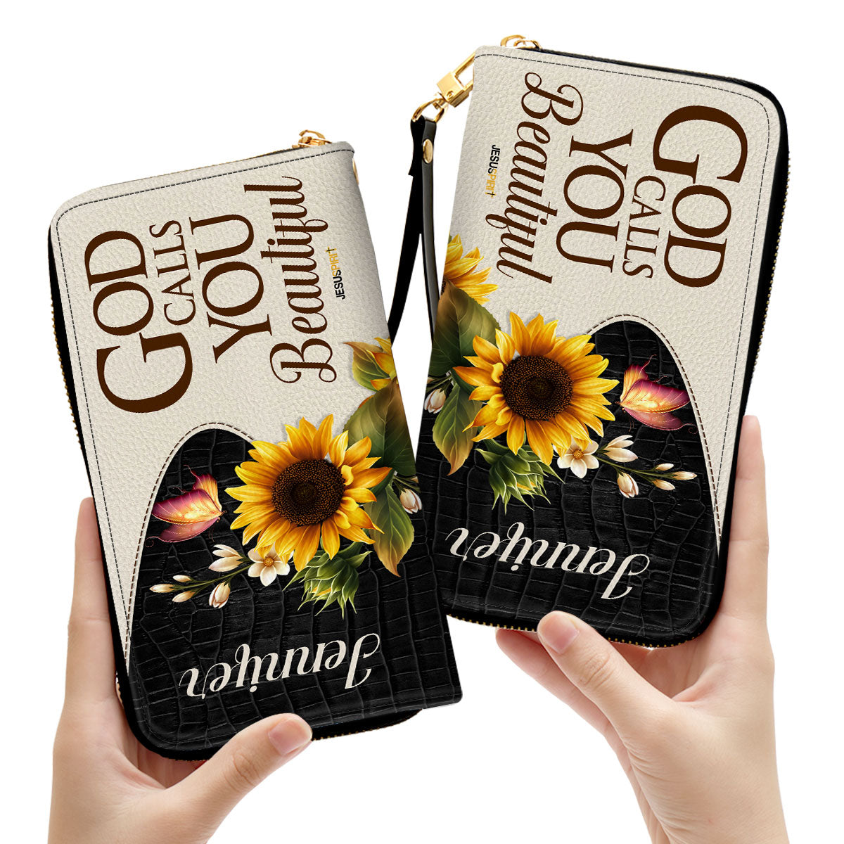 Jesuspirit | Personalized Zippered Leather Clutch Purse | God Calls You Beautiful | Christ Gifts For Women Of God | Sunflower & Butterfly CPH752