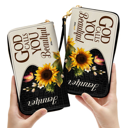 Jesuspirit | Personalized Zippered Leather Clutch Purse | God Calls You Beautiful | Christ Gifts For Women Of God | Sunflower & Butterfly CPH752
