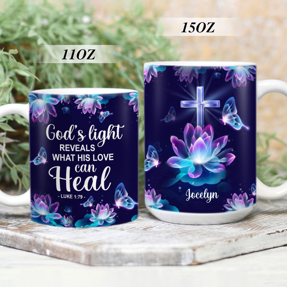 Jesuspirit | Personalized White Ceramic Mug | Luke 1:79 | Lotus & Butterfly | God's Light Reveals What His Love H27