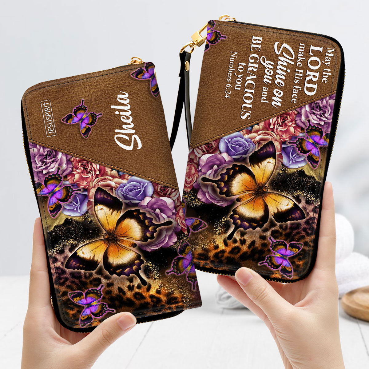 Jesuspirit | Christian Inspirational Gifts For Women | May The Lord Make His Face Shine On You | Numbers 6:24 | Personalized Butterfly Zippered Leather Clutch Purse NUH317H