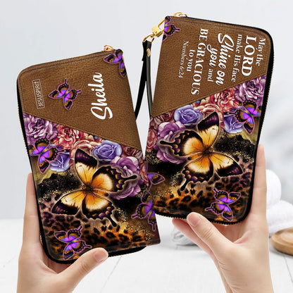 Jesuspirit | Christian Inspirational Gifts For Women | May The Lord Make His Face Shine On You | Numbers 6:24 | Personalized Butterfly Zippered Leather Clutch Purse NUH317H