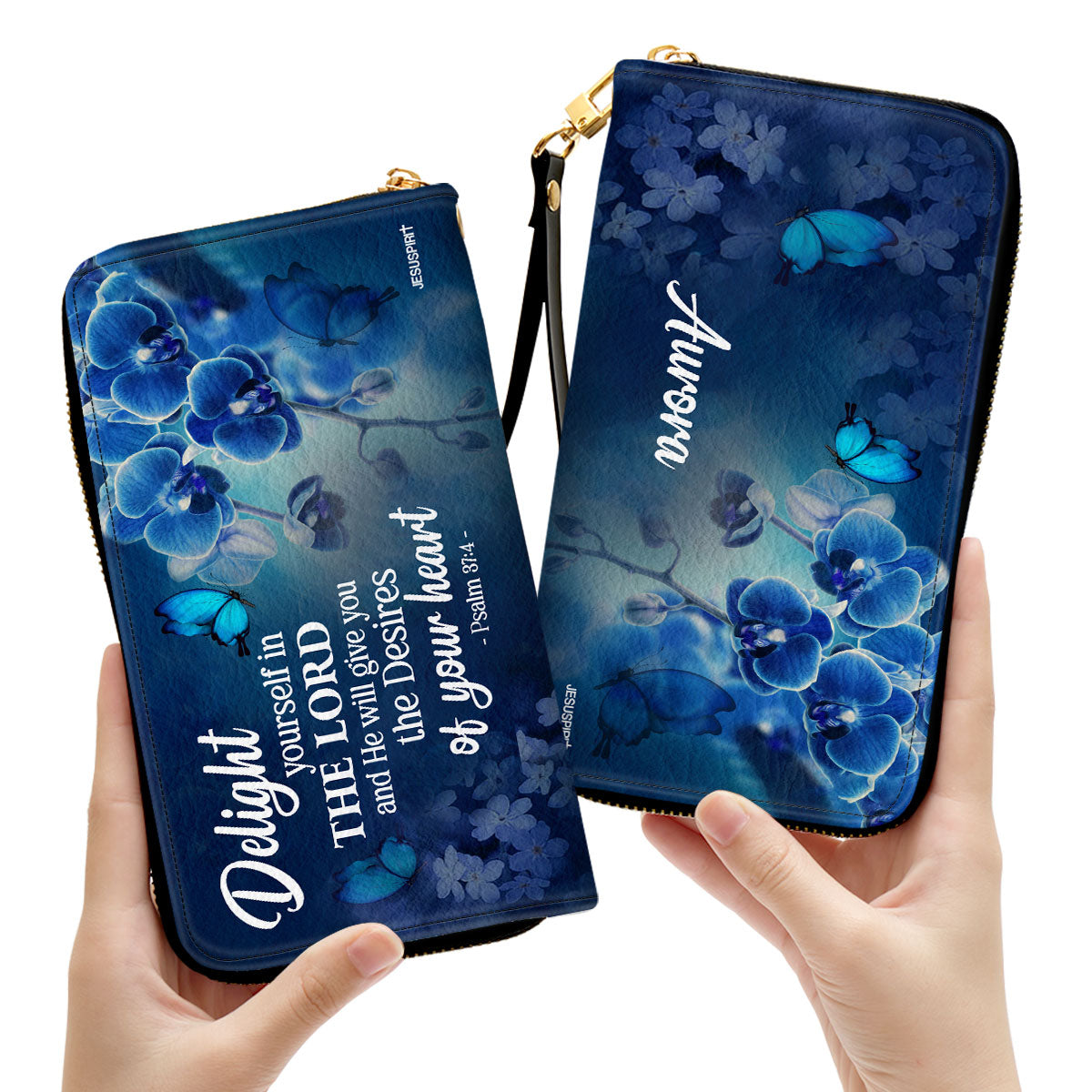 Jesuspirit | Psalm 37:4 | Personalized Leather Clutch Purse | Delight Yourself In The Lord | Blue Orchids And Lilac CPH47