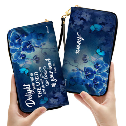 Jesuspirit | Psalm 37:4 | Personalized Leather Clutch Purse | Delight Yourself In The Lord | Blue Orchids And Lilac CPH47