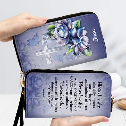 Jesuspirit | Rose And Cross | Personalized Zippered Leather Clutch Purse | Religious Gifts For Women Of God NUH327H