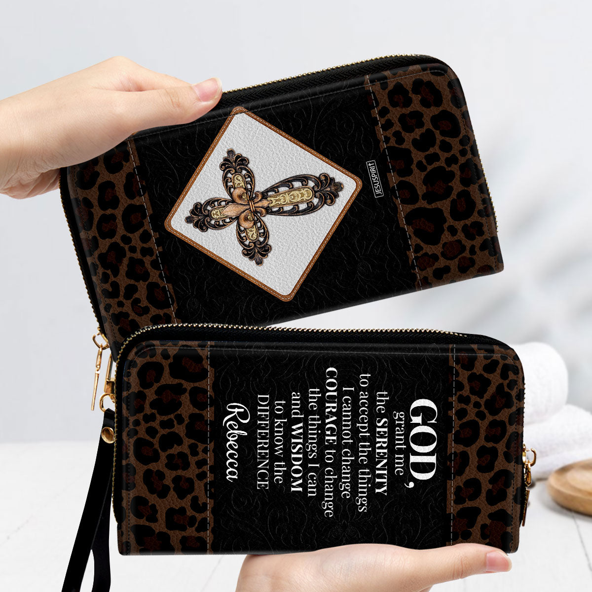 Jesuspirit | Christian Spiritual Gifts For Religious Women | God, Grant Me The Serenity To Accept The Things I Cannot Change | Personalized Cross Zippered Leather Clutch Purse NUH424H