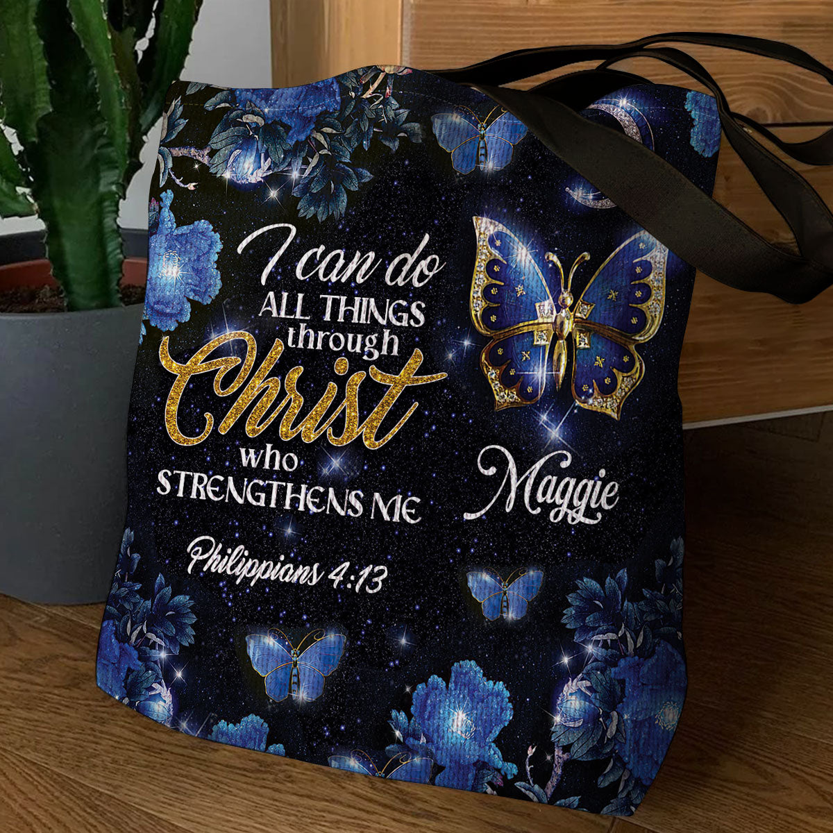 Elegant Personalized Butterfly And Flower Tote Bag - I Can Do All Things Through Christ NM143