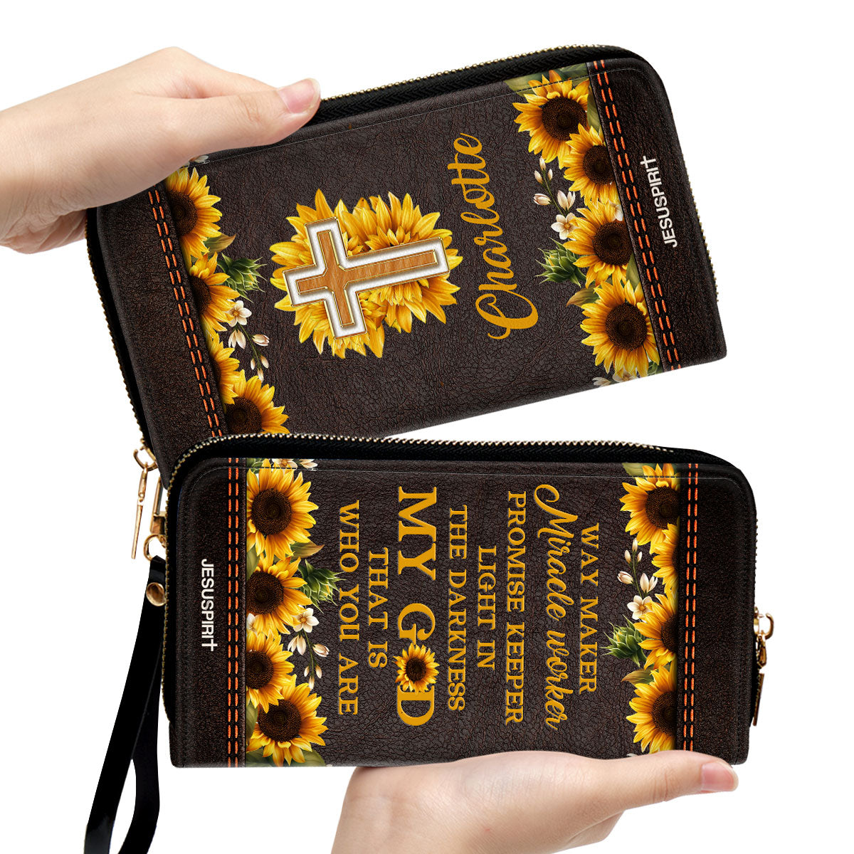 Jesuspirit | Personalized Sunflower Clutch Purse | Scripture Gifts For Christ Women | Way Maker And Miracle Worker HN147B