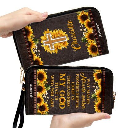Jesuspirit | Personalized Sunflower Clutch Purse | Scripture Gifts For Christ Women | Way Maker And Miracle Worker HN147B