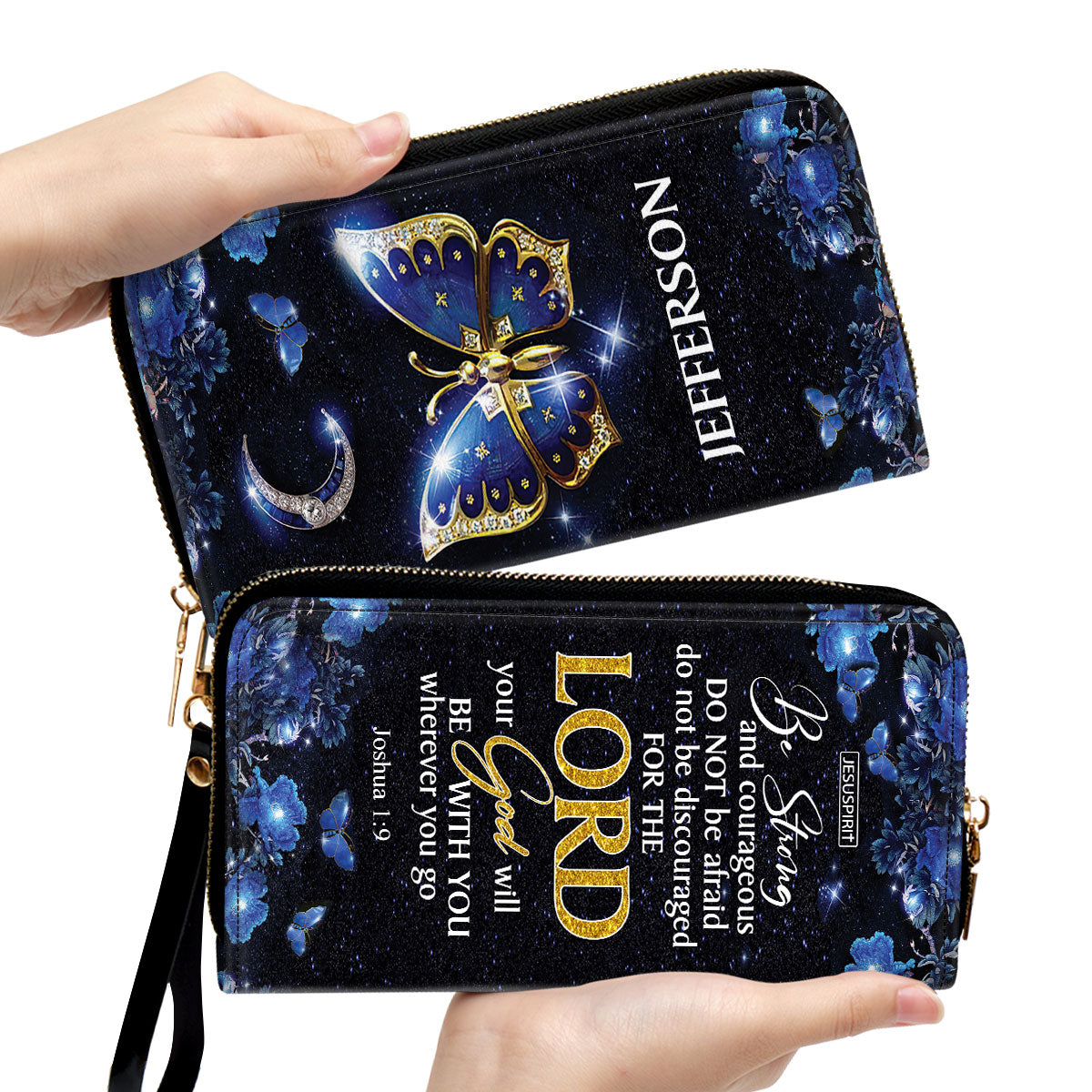 Jesuspirit | Joshua 1:9 | Religious Gift With Bible Scripture For Christian Women | Personalized Butterfly Zippered Leather Clutch Purse NM143N