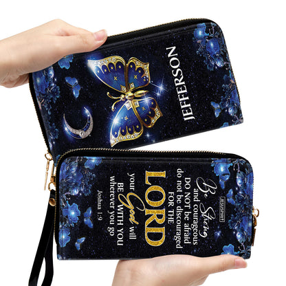 Jesuspirit | Joshua 1:9 | Religious Gift With Bible Scripture For Christian Women | Personalized Butterfly Zippered Leather Clutch Purse NM143N