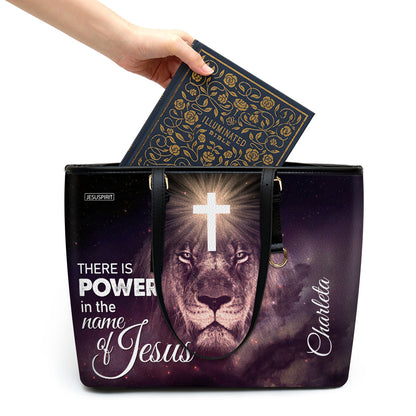 Special Personalized Lion Large Leather Tote Bag - There Is Power In The Name Of Jesus H01