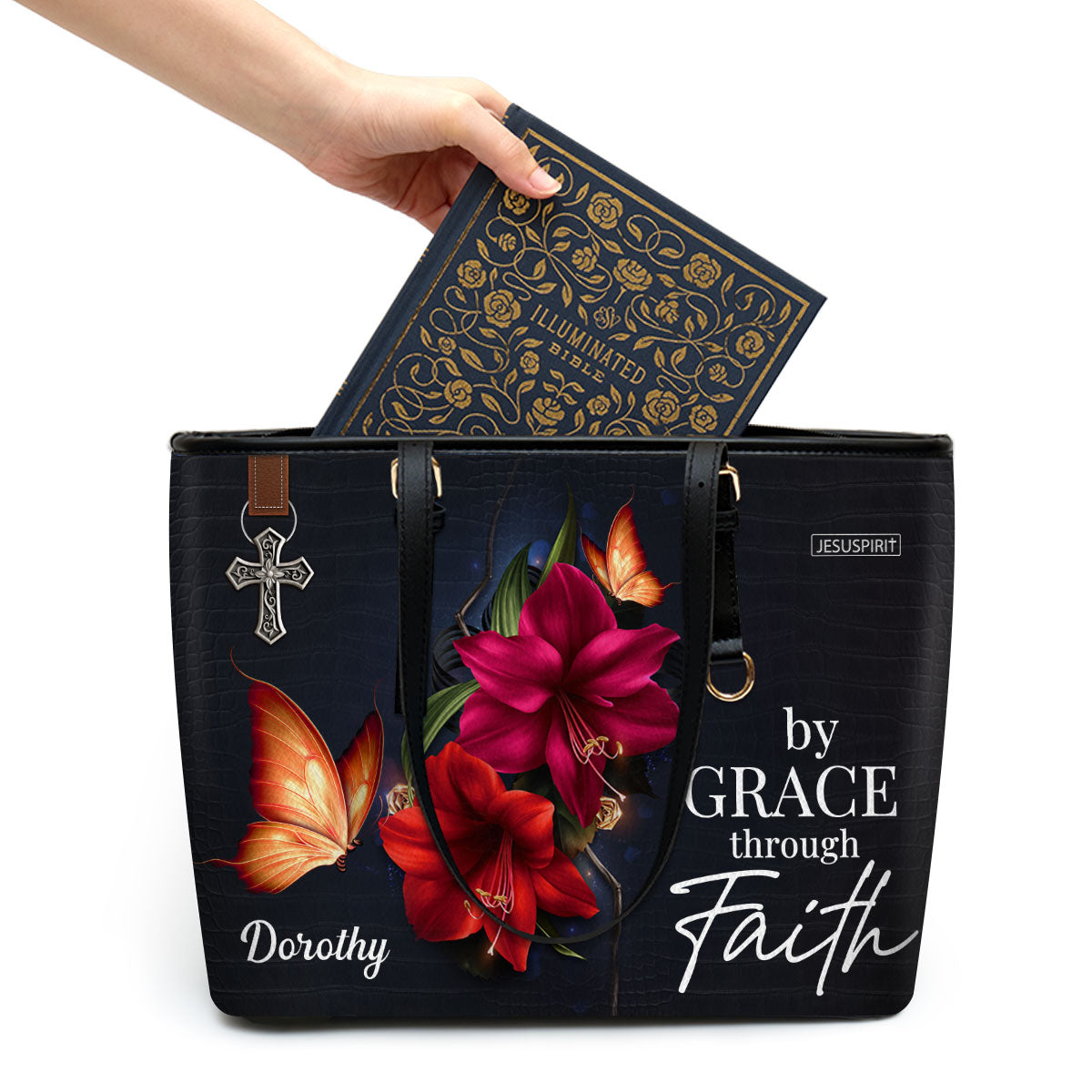 Pretty Personalized Large Leather Tote Bag - By Grace Through Faith H14