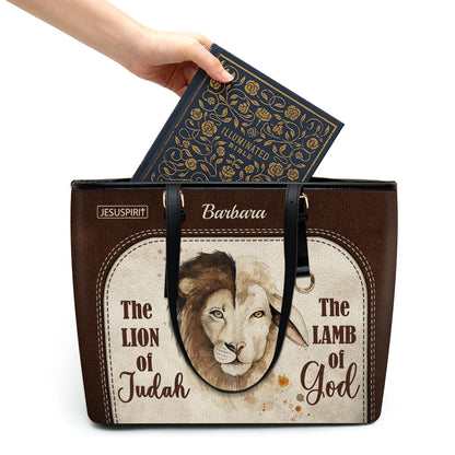 The Lion Of Judah The Lamb Of God - Unique Personalized Large Leather Tote Bag HIHN319