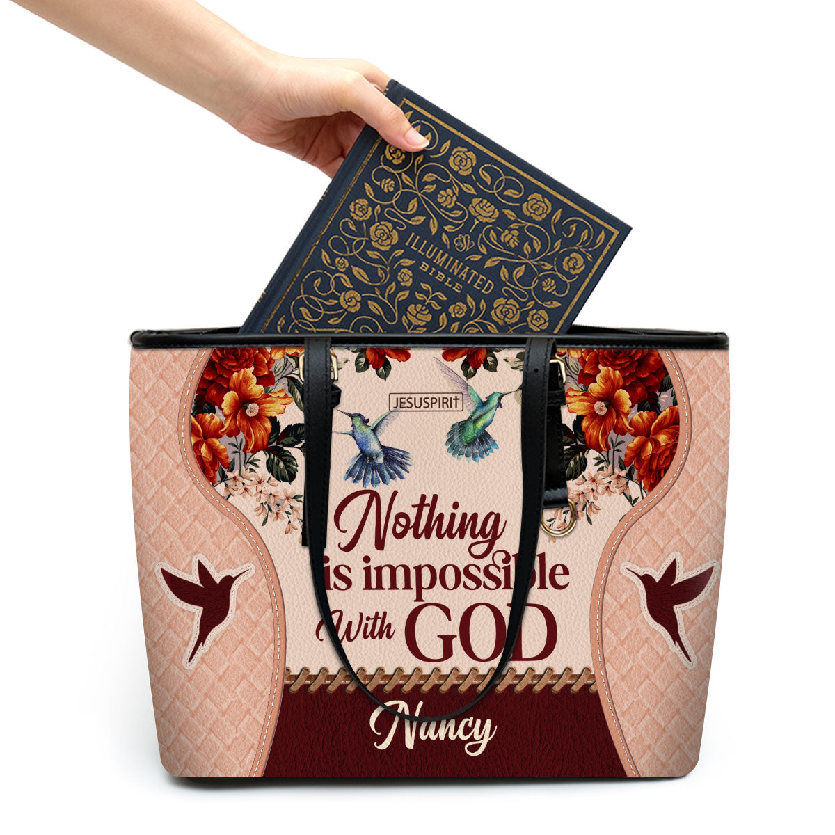 Beautiful Personalized Large Leather Tote Bag - Nothing Is Impossible With God M04