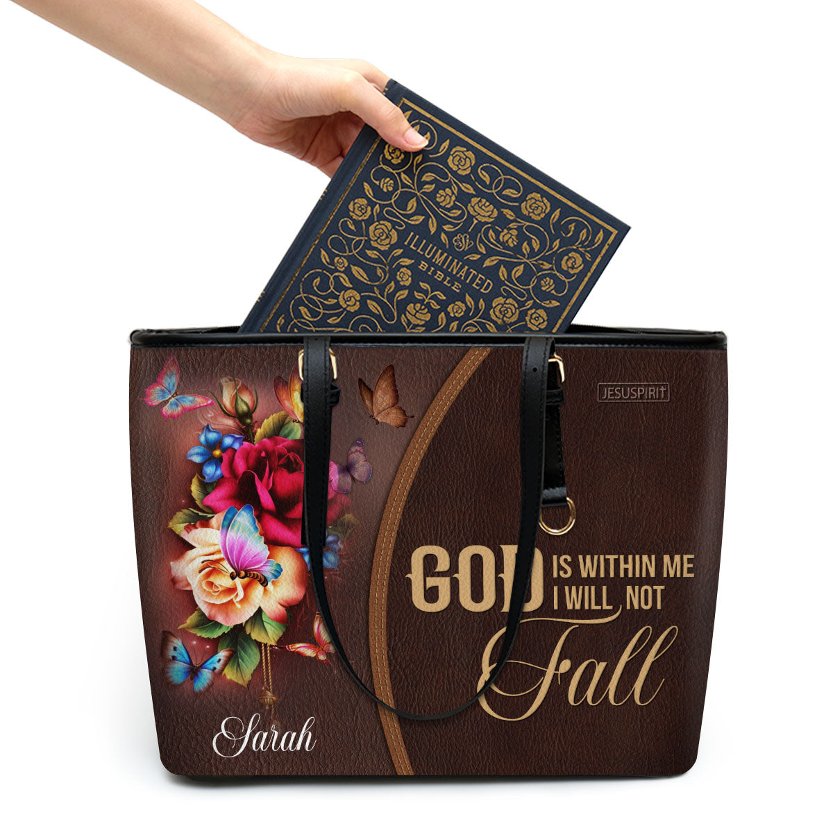 Adorable Personalized Rose Large Leather Tote Bag - God Is Within Me, I Will Not Fall NUH263