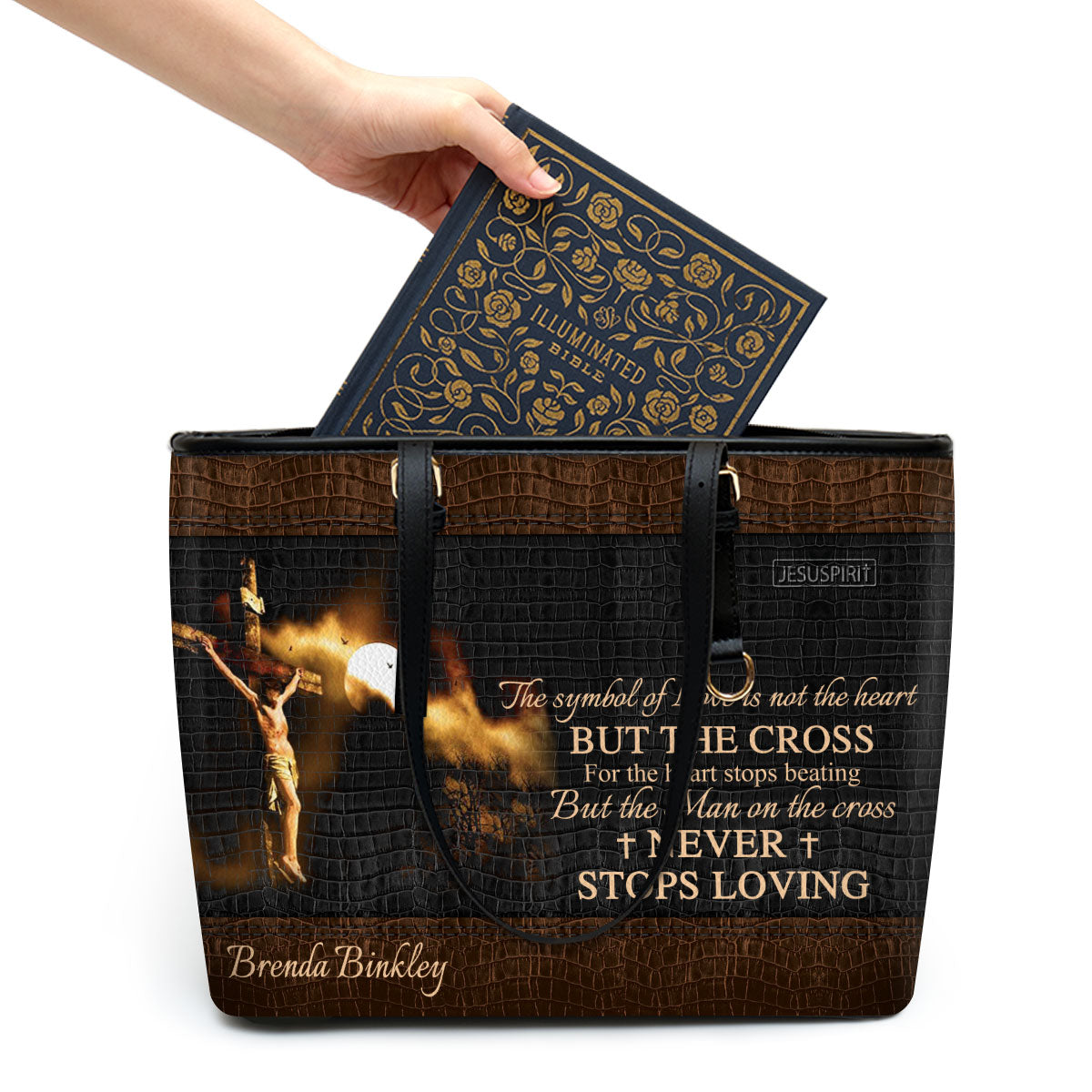 The Man On The Cross Never Stops Loving - Beautiful Personalized Large Leather Tote Bag NUH264