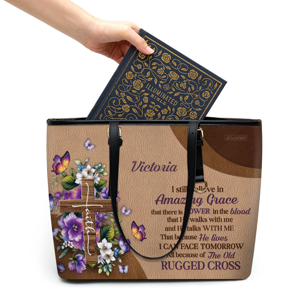 Stunning Personalized Flower Leather Tote Bag - I Still Believe In Amazing Grace NUH269