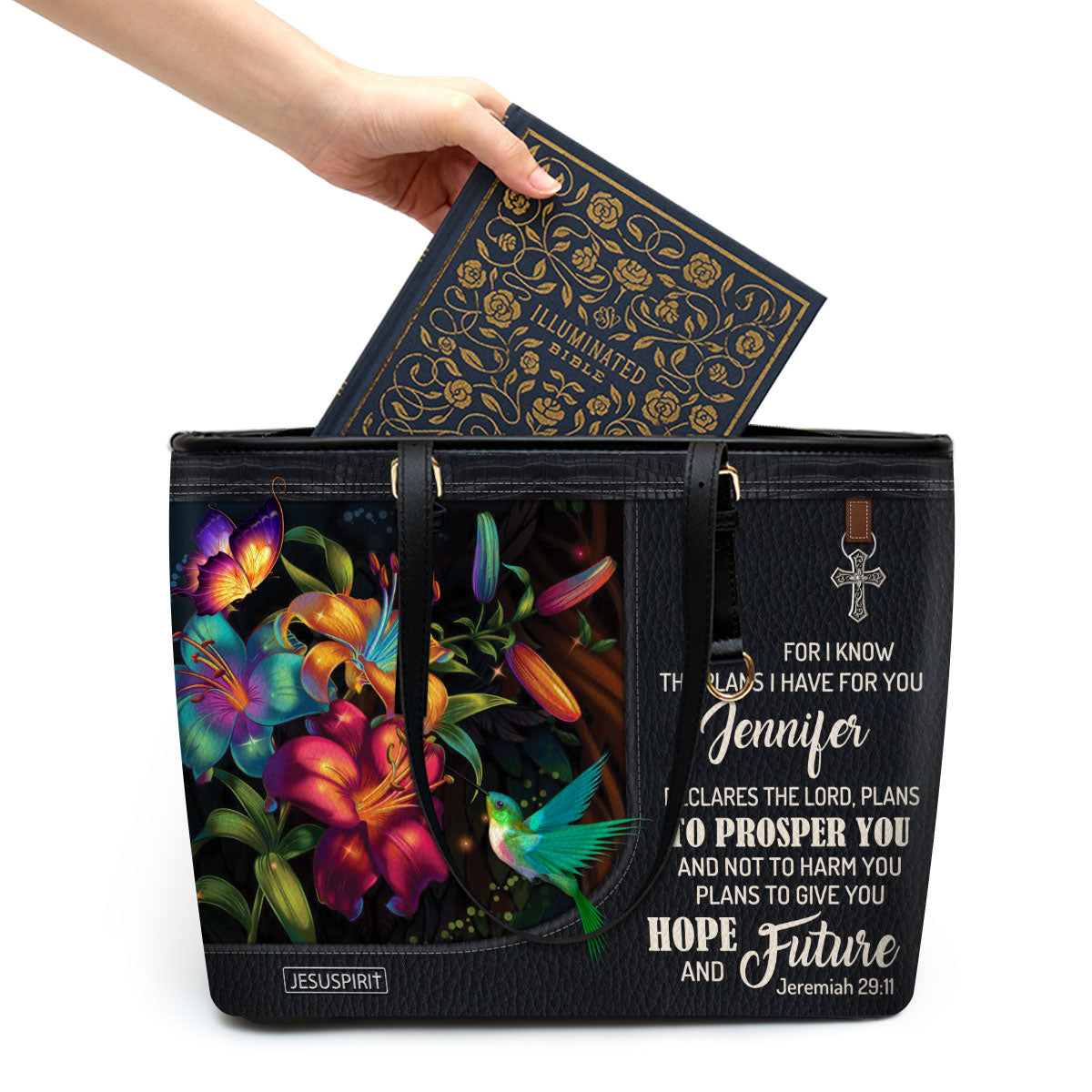 Gorgeous Personalized Large Leather Tote Bag - For I Know The Plans I Have For You NUH283
