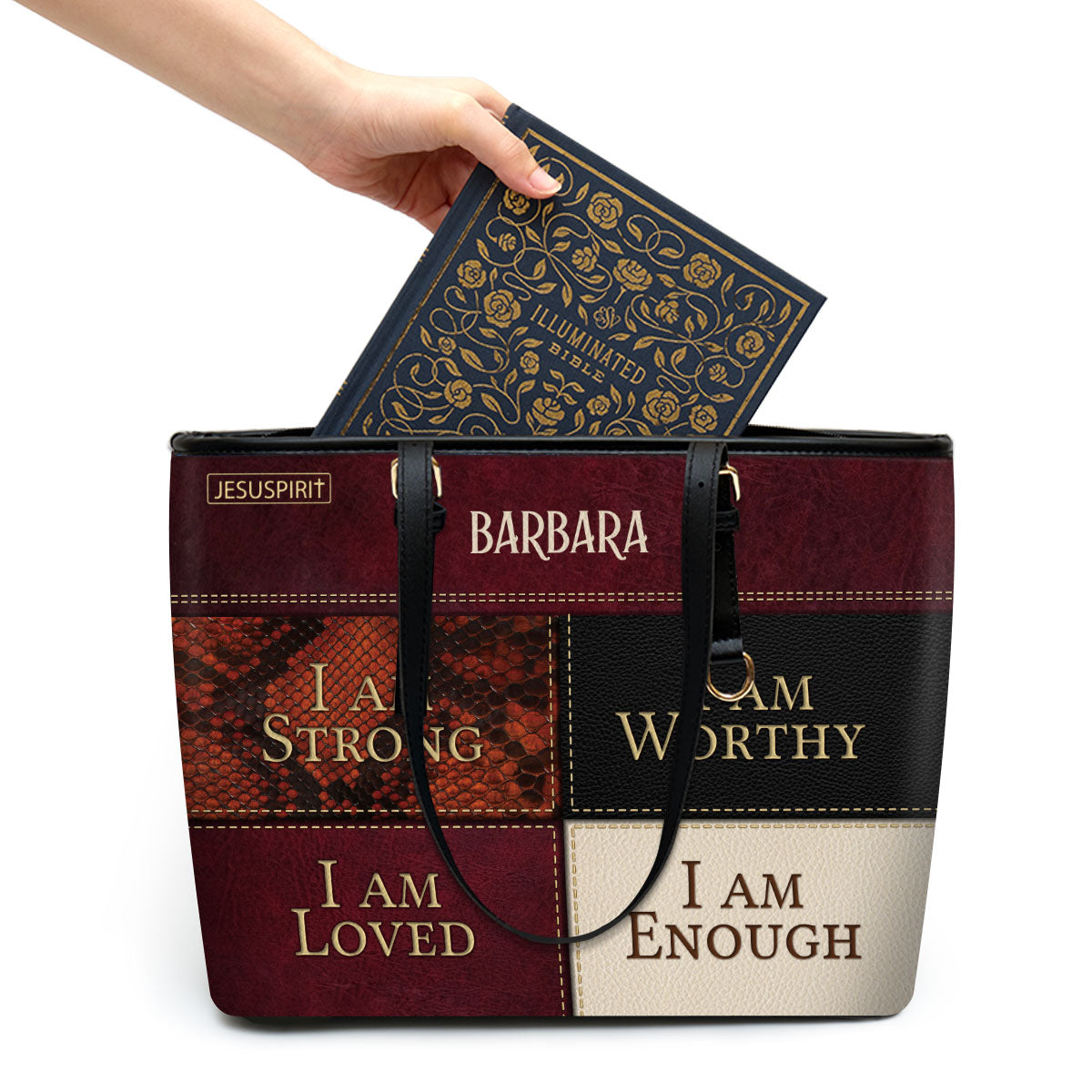 Beautiful Personalized Large Leather Tote Bag - I Am Loved, I Am Enough NUHN282