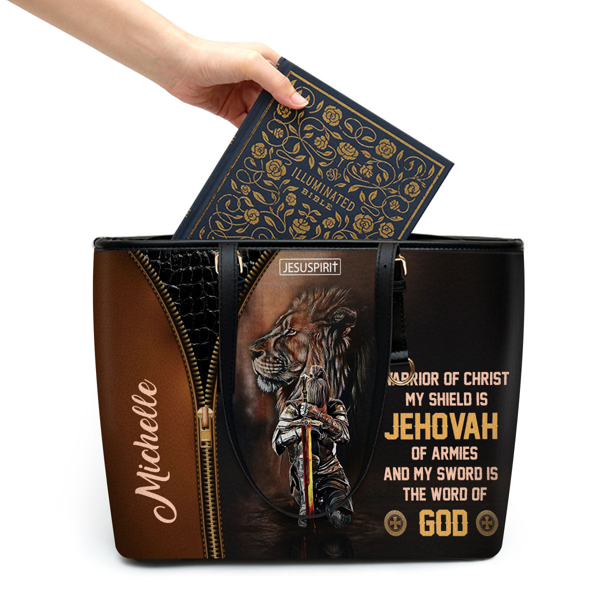 Special Personalized Large Leather Tote Bag - My Shield Is Jehovah Of Armies NUM396