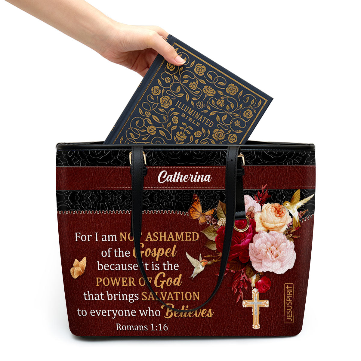 Pretty Personalized Large Leather Tote Bag - For I Am Not Ashamed Of The Gospel NUM467