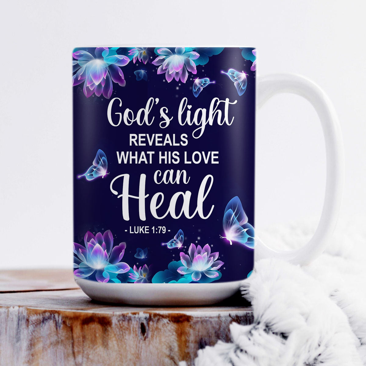 Jesuspirit | Personalized White Ceramic Mug | Luke 1:79 | Lotus & Butterfly | God's Light Reveals What His Love H27