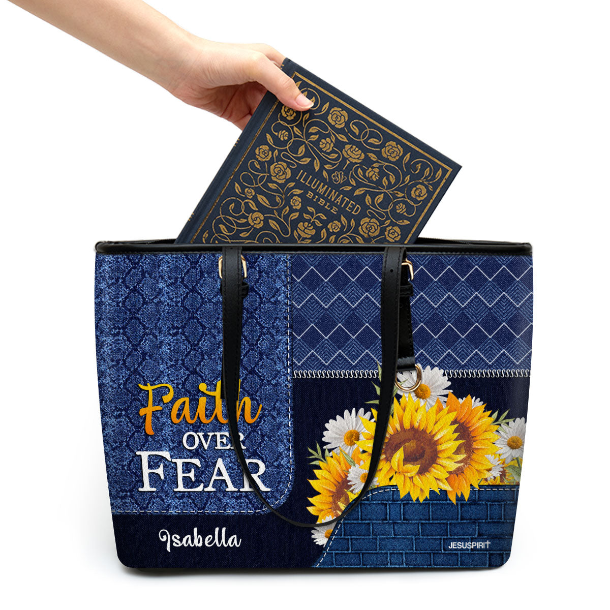 Jesuspirit | Faith Gifts For Christian Women | Personalized Large Leather Tote Bag With Long Strap | Faith Over Fear LLTBHN674