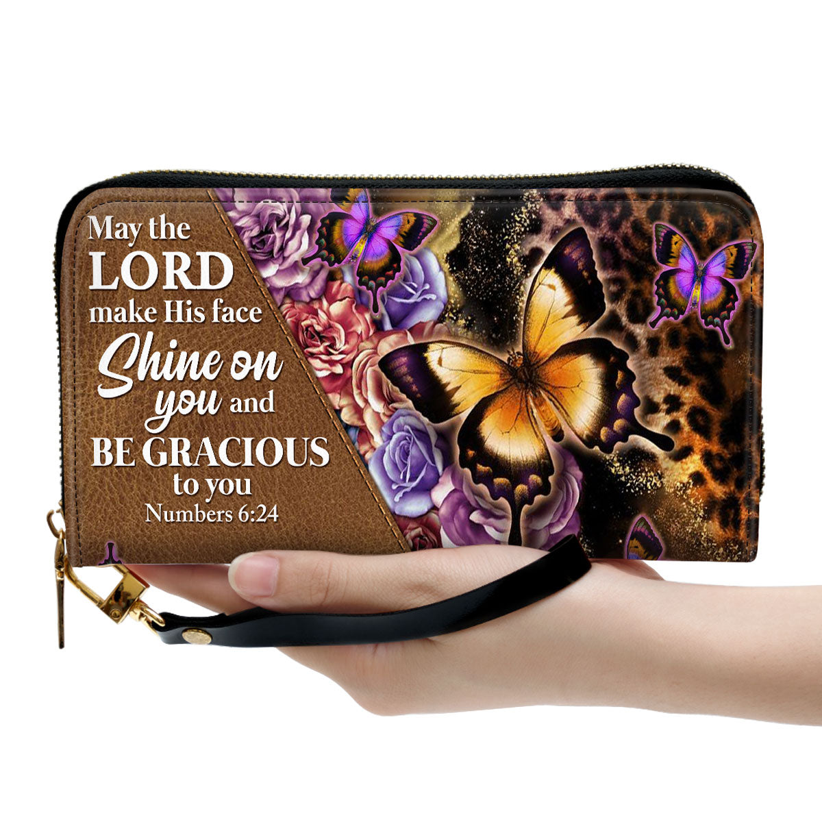Jesuspirit | Christian Inspirational Gifts For Women | May The Lord Make His Face Shine On You | Numbers 6:24 | Personalized Butterfly Zippered Leather Clutch Purse NUH317H