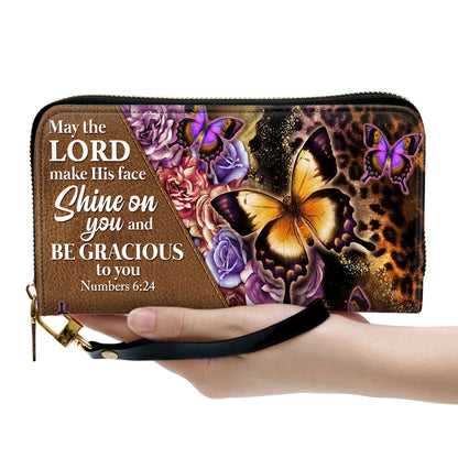 Jesuspirit | Christian Inspirational Gifts For Women | May The Lord Make His Face Shine On You | Numbers 6:24 | Personalized Butterfly Zippered Leather Clutch Purse NUH317H