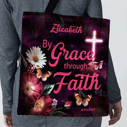 Jesuspirit | By Grace Through Faith | Flower And Cross | Personalized Tote Bag HN136