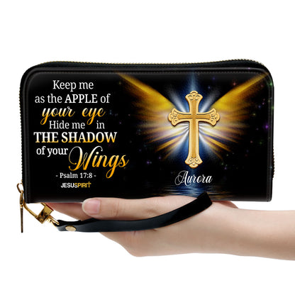 Jesuspirit | Personalized Zippered Leather Clutch Purse With Wristlet Strap Handle | Psalm 17:8 | Scripture Gifts For Christian Women CPH779