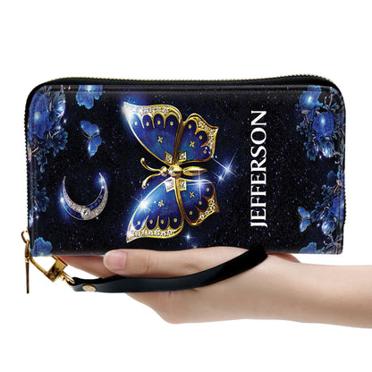 Jesuspirit | Joshua 1:9 | Religious Gift With Bible Scripture For Christian Women | Personalized Butterfly Zippered Leather Clutch Purse NM143N