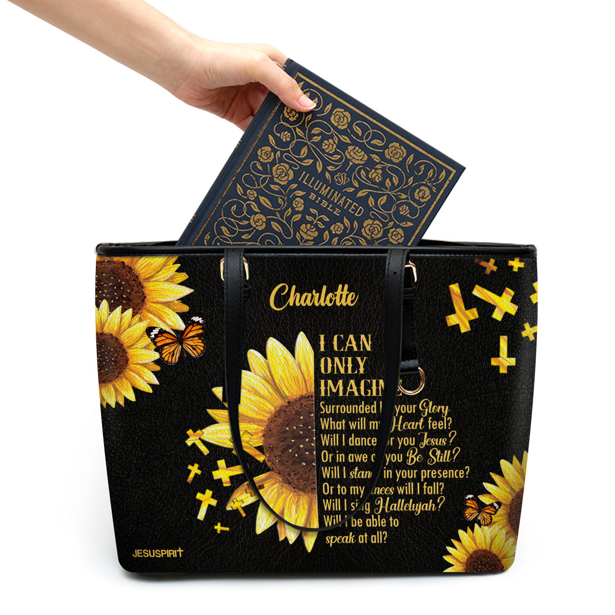 Jesuspirit | Personalized Large Leather Tote Bag With Long Strap | I Can Only Imagine | Sunflower And Cross LLTBHN153