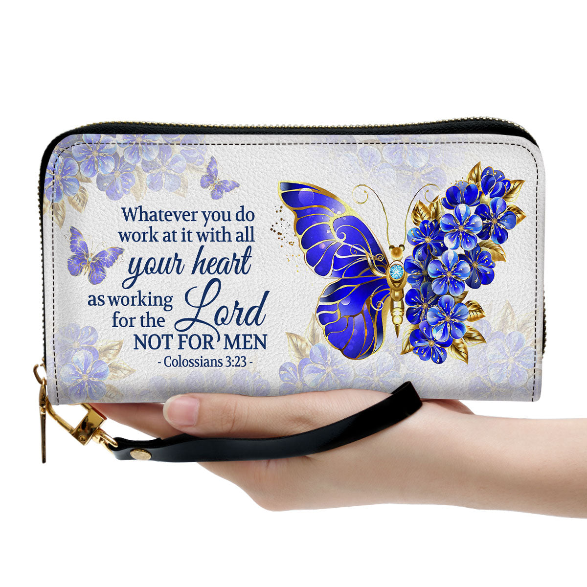 Jesuspirit | Stunning Personalized Zippered Leather Clutch Purse | Colossians 3:23 | Butterfly And Flower | Religious Gifts For Christian Women CPH743