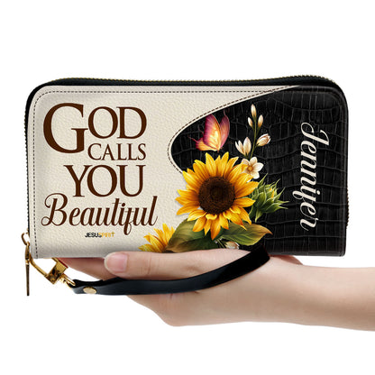 Jesuspirit | Personalized Zippered Leather Clutch Purse | God Calls You Beautiful | Christ Gifts For Women Of God | Sunflower & Butterfly CPH752