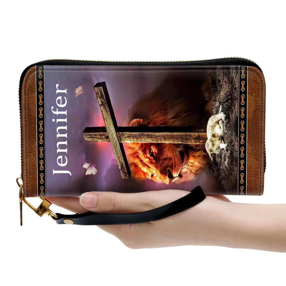 Jesuspirit | He Is My Fortress, I Will Not Be Shaken | Psalm 62:6 | Lion And Lamb | Gifts Scripture For Religious Women | Personalized Zippered Leather Clutch Purse NUM443C