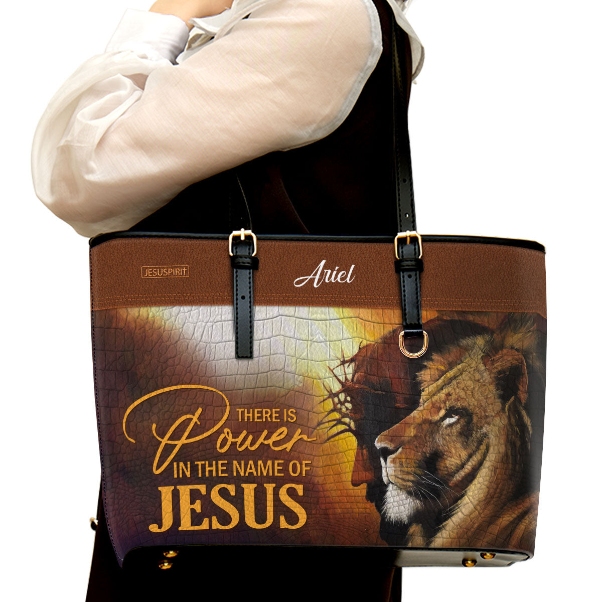 There Is Power In The Name Of Jesus - Special Personalized Lion Large Leather Tote Bag H16
