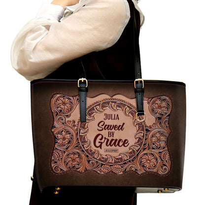 Saved By Grace - Personalized Large Leather Tote Bag HIHN290