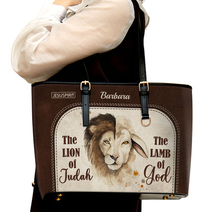 The Lion Of Judah The Lamb Of God - Unique Personalized Large Leather Tote Bag HIHN319