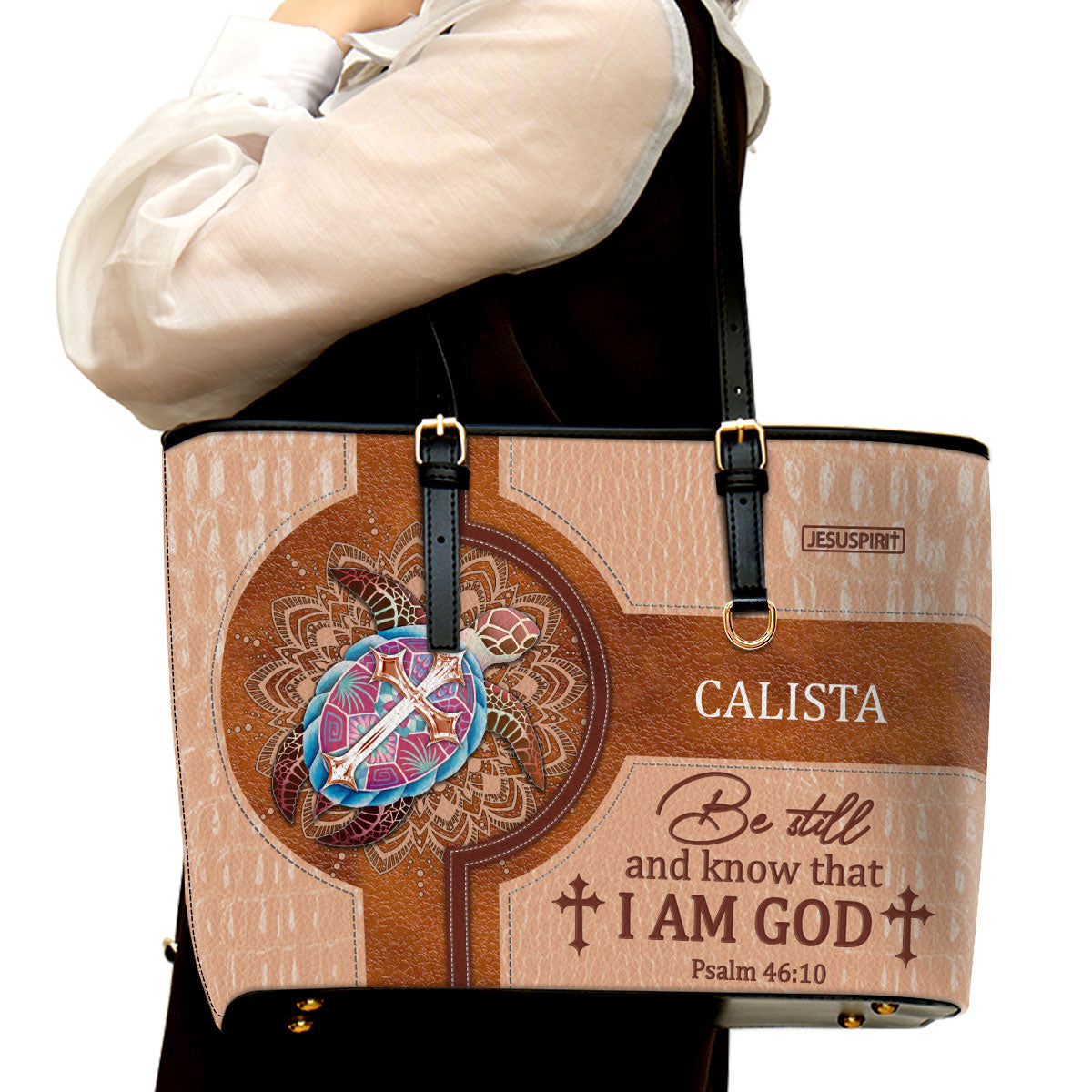 Awesome Personalized Turtle Large Leather Tote Bag - Be Still And Know That I Am God M11