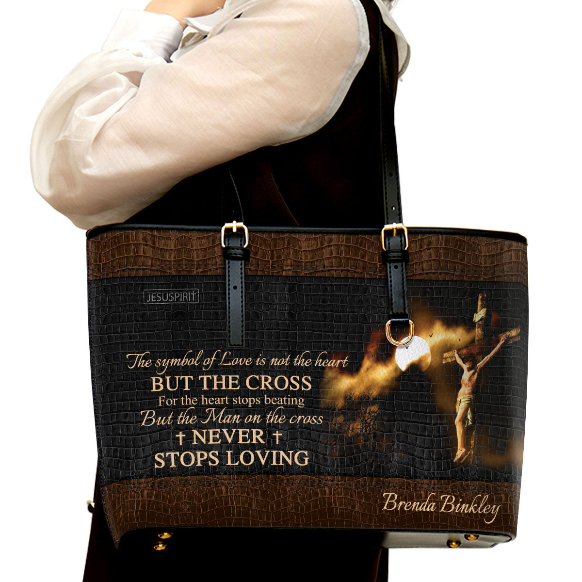The Man On The Cross Never Stops Loving - Beautiful Personalized Large Leather Tote Bag NUH264