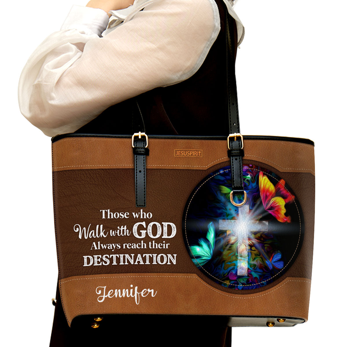 Personalized Cross Large Leather Tote Bag - Those Who Walk With God Always Reach Their Destination NUH266