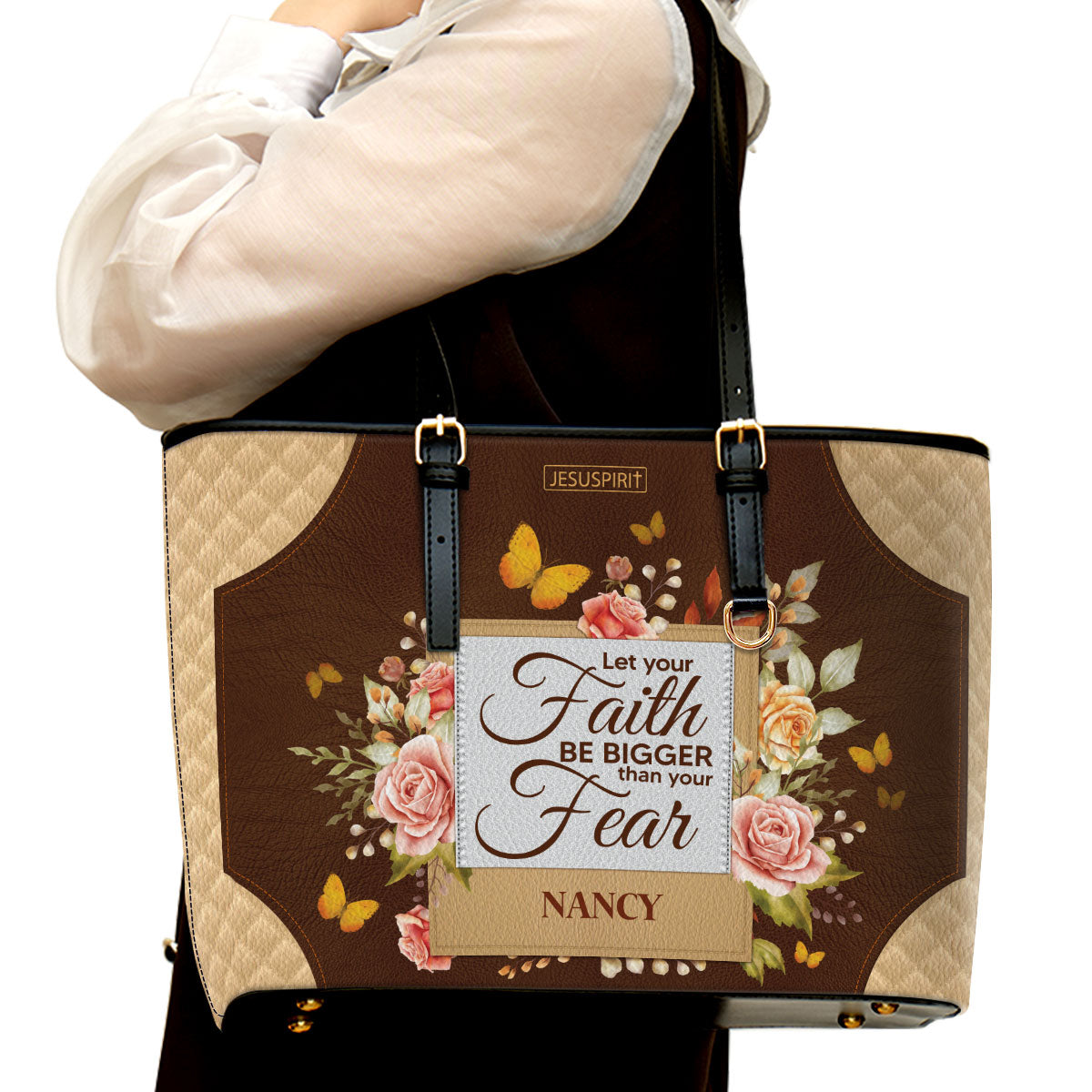 Stunning Personalized Large Leather Tote Bag - Let Your Faith Be Bigger Than Your Fear NUH334